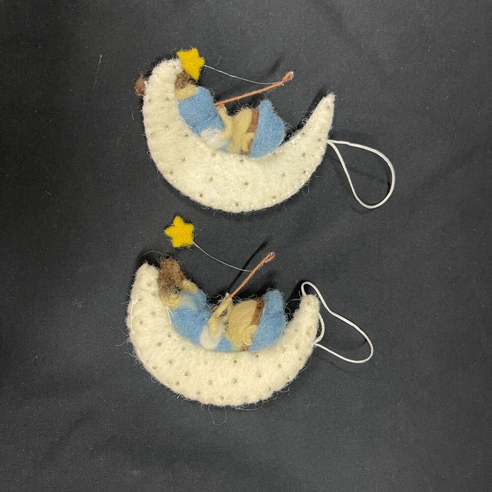 Christmas Holiday Decoration Moon and Boy Fishing Felt Set of 2